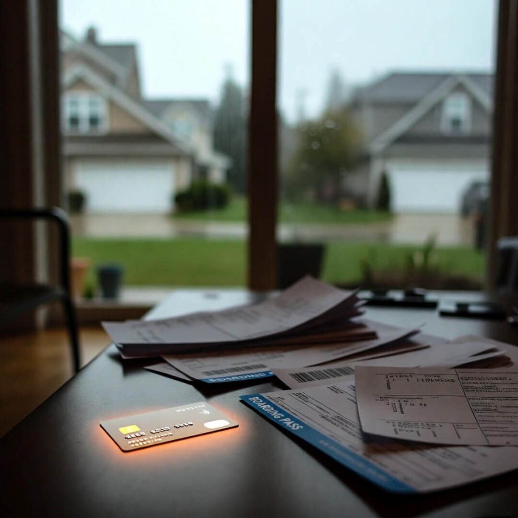 My messy coffee table with glowing credit card and boarding passes.