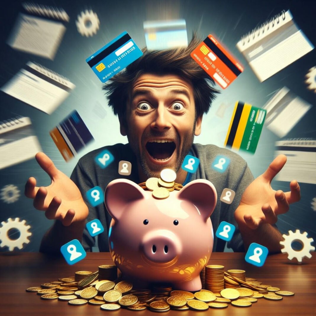 Excited man juggling credit cards over overflowing piggy bank.