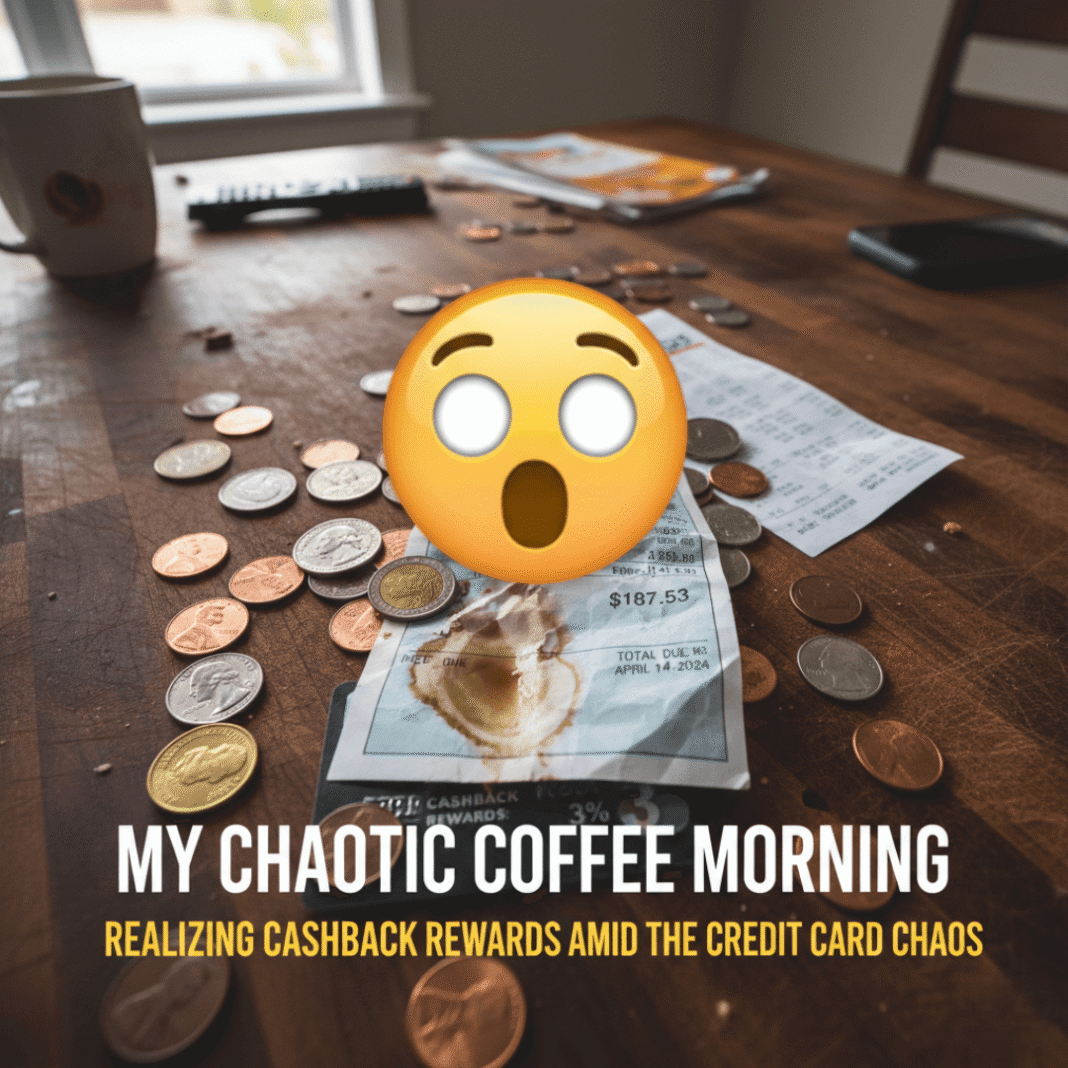 Cluttered table with coffee-stained bill, coins, and shocked emoji.
