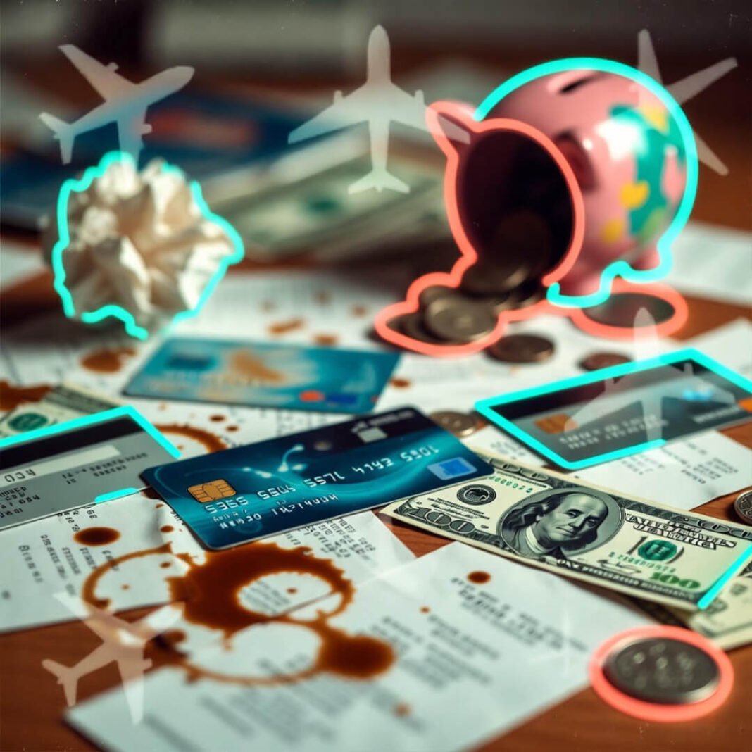 Cluttered desk with spilled piggy bank, cards, and coffee stains.