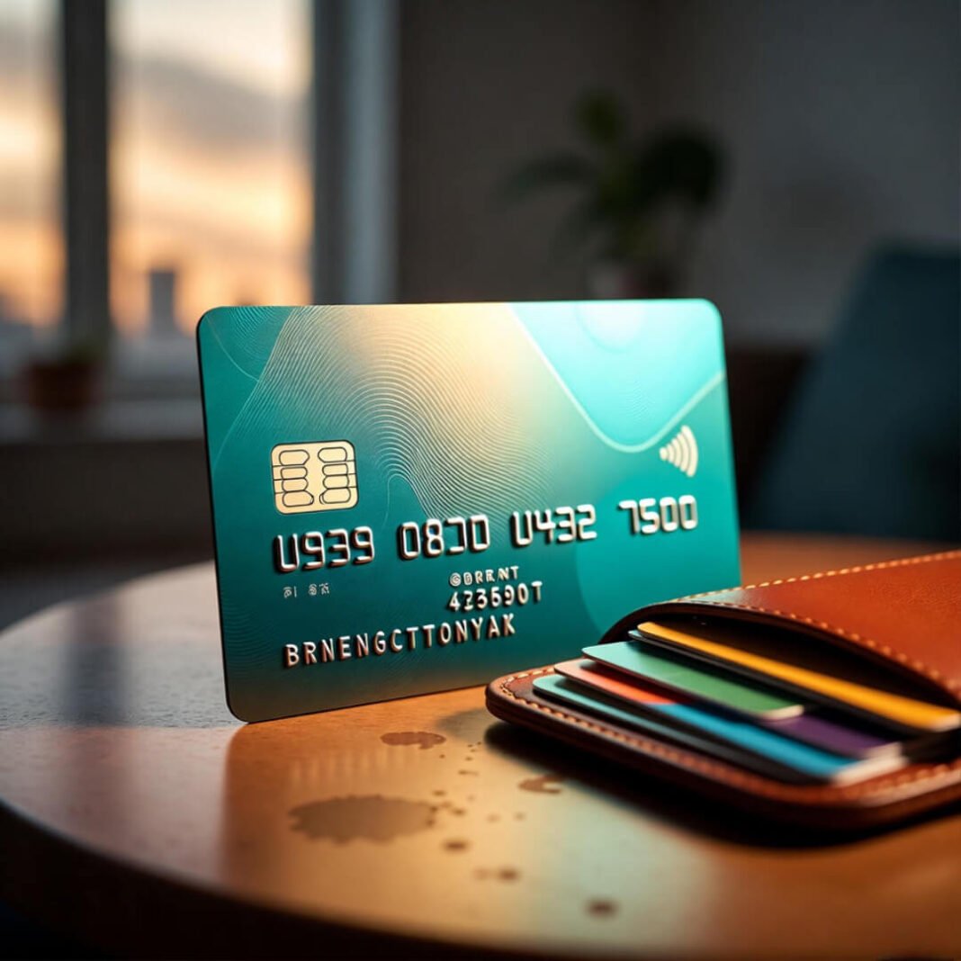 Premium metal credit card beside open wallet on stained table.