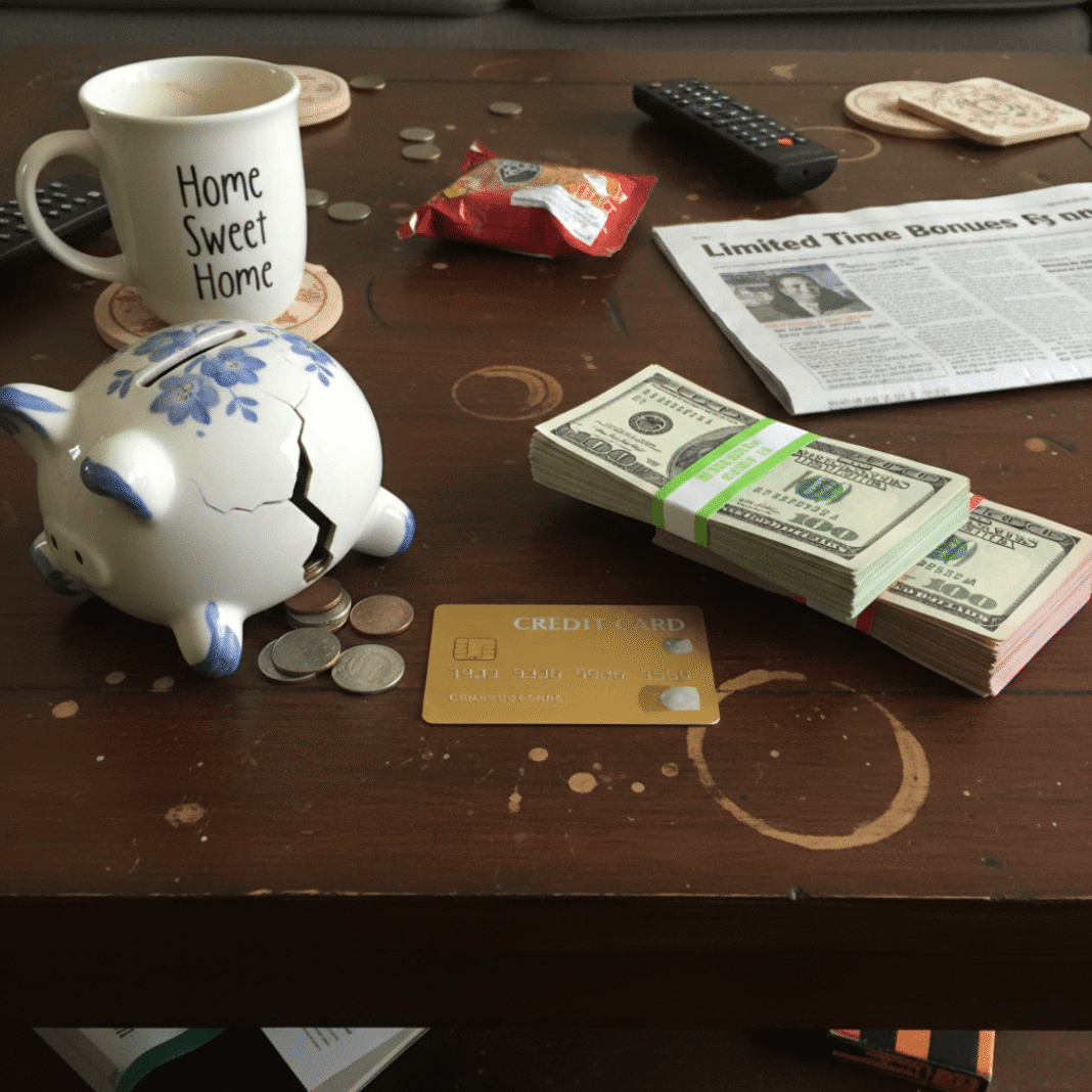 Golden credit card and cash on a messy table.