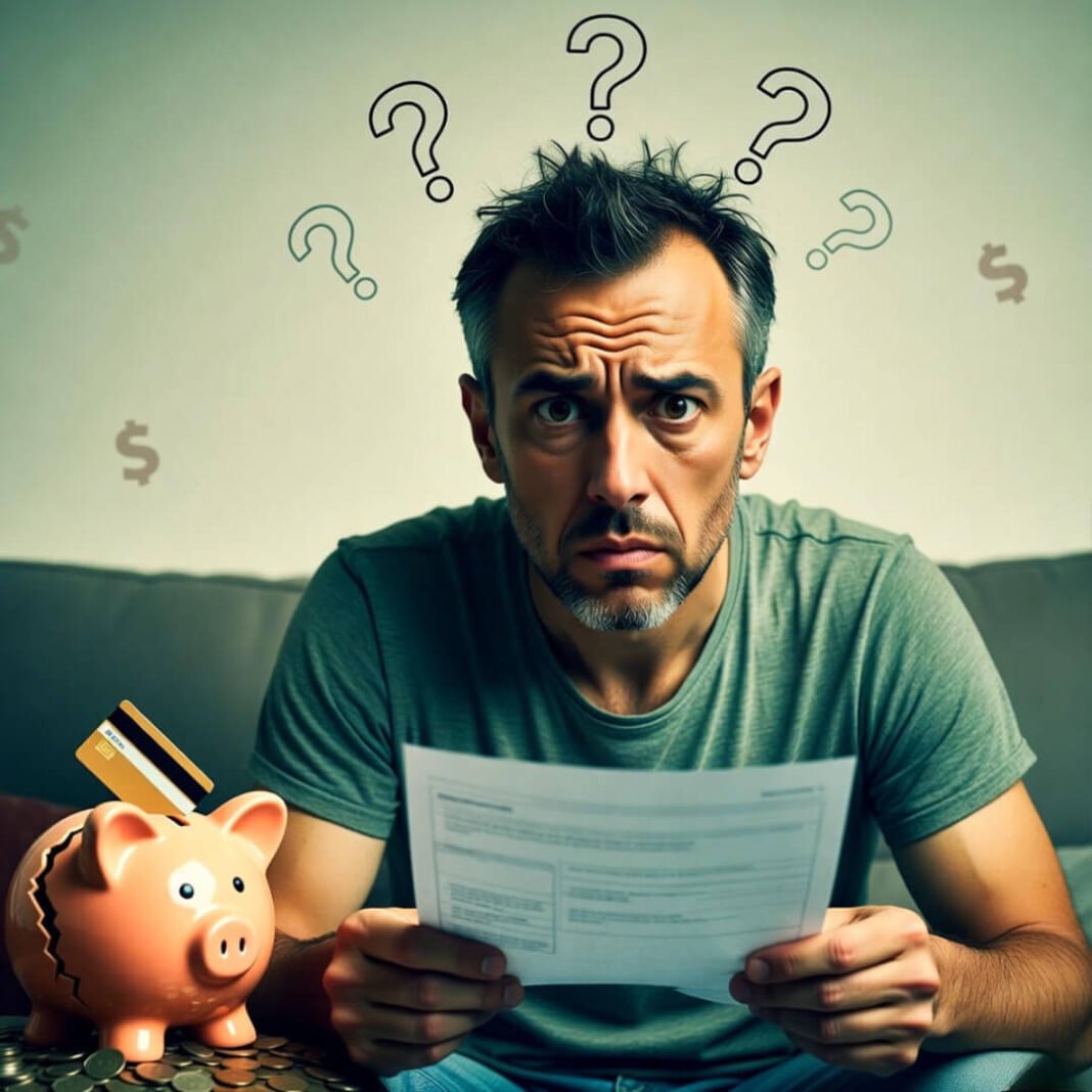 Stressed man shocked by credit report with broken piggy bank.
