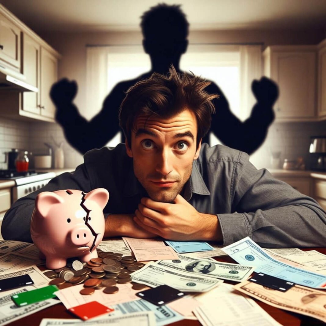 Stressed man with cracked piggy bank and looming debt shadow.