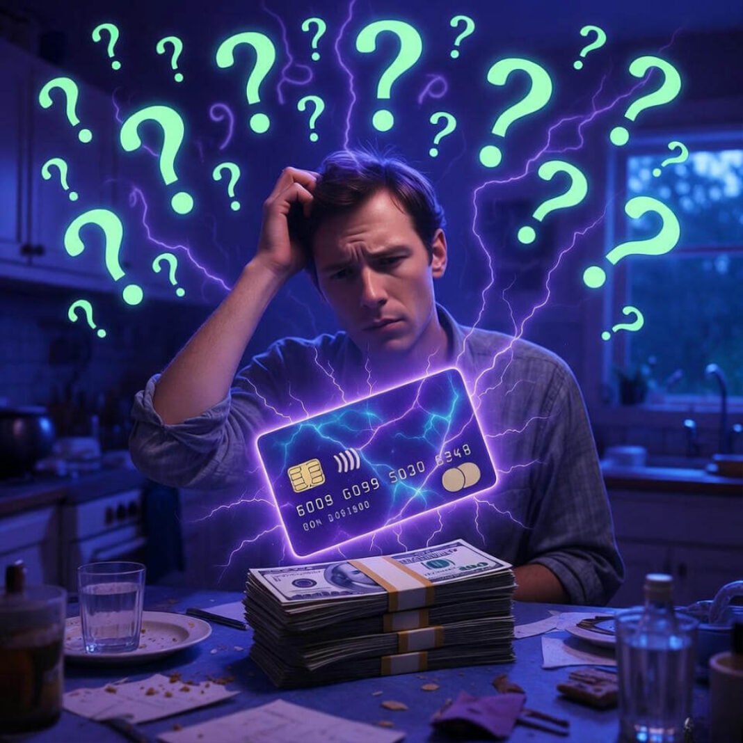 Confused man puzzled by glowing credit card and cash.