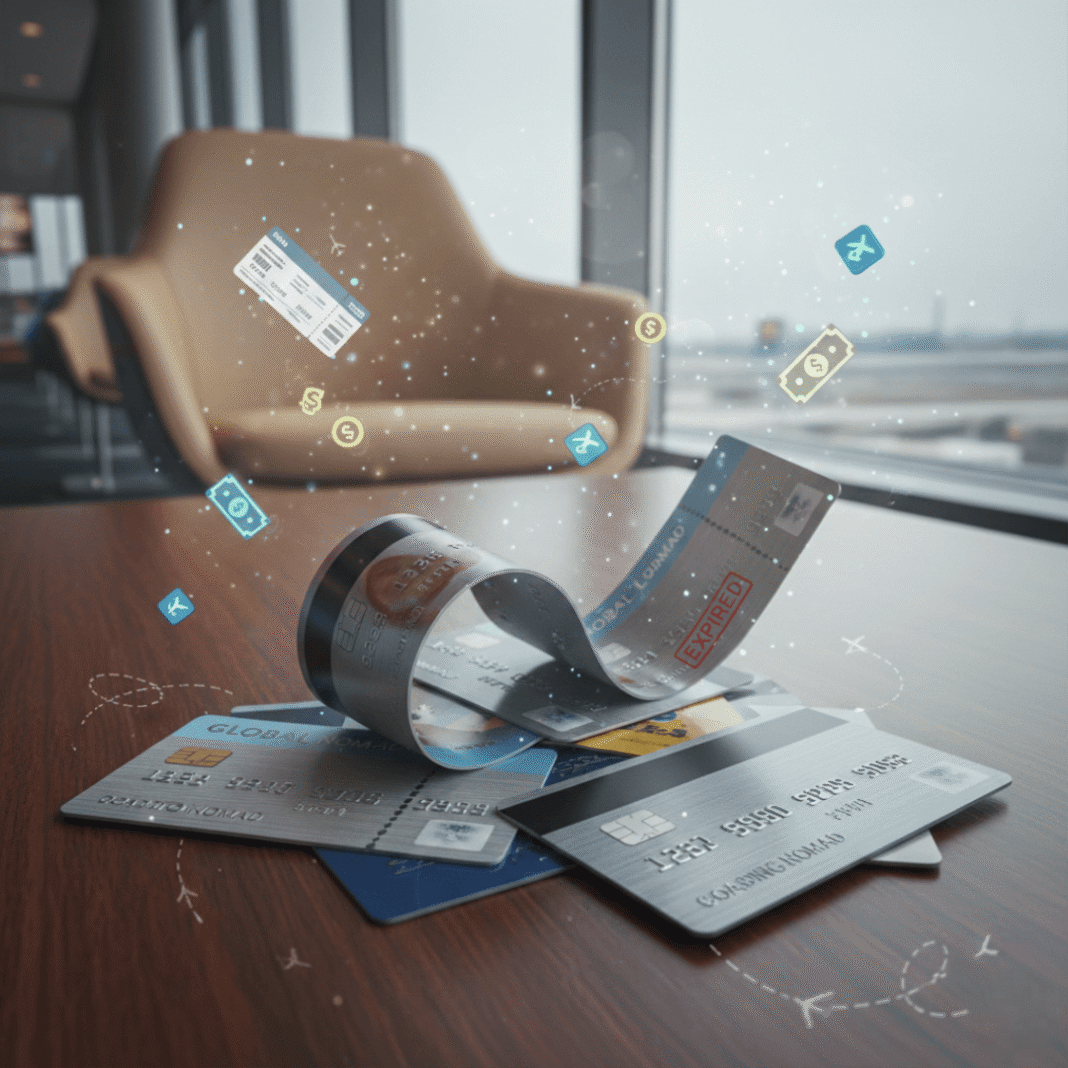 Sleek credit cards and floating travel icons in a lounge.