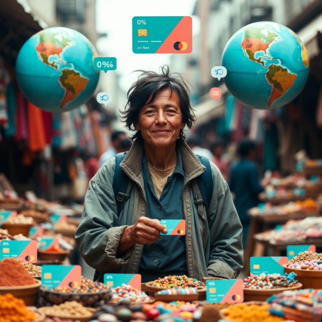 Middle-aged traveler happily using no-fee credit card in vibrant market.