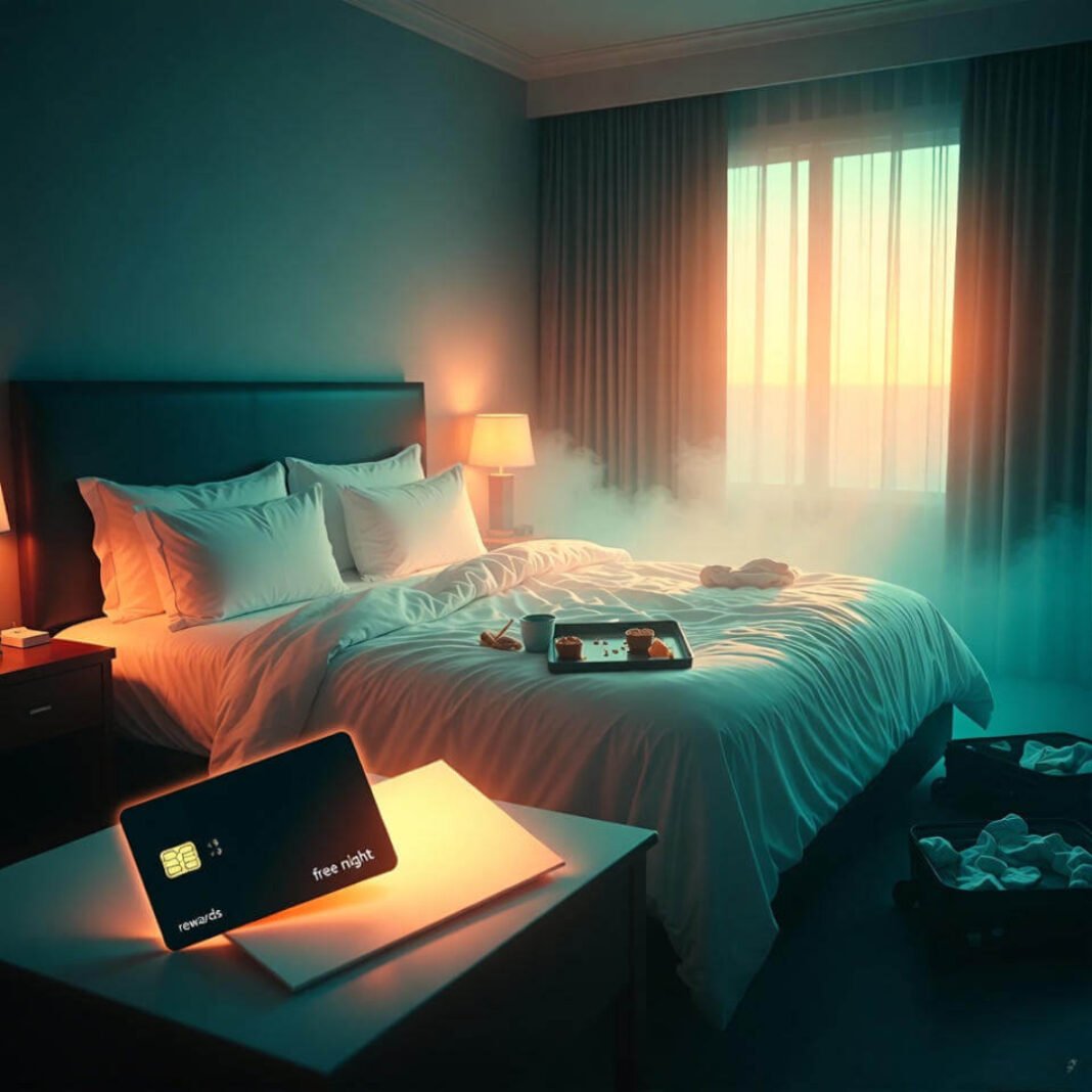 Dreamy hotel bed with free night rewards card and snacks.