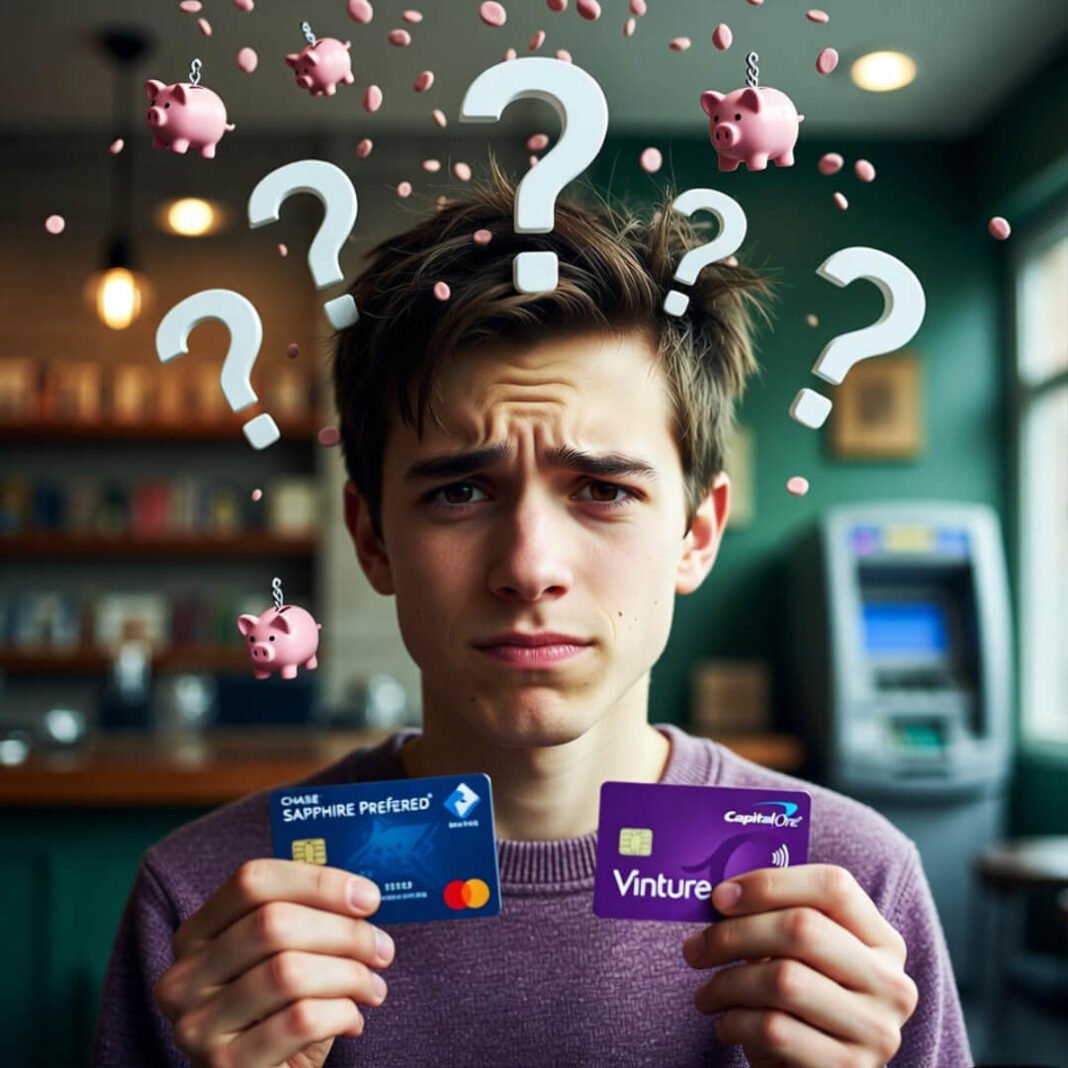 Confused guy holding Chase and Capital One cards amid question marks.