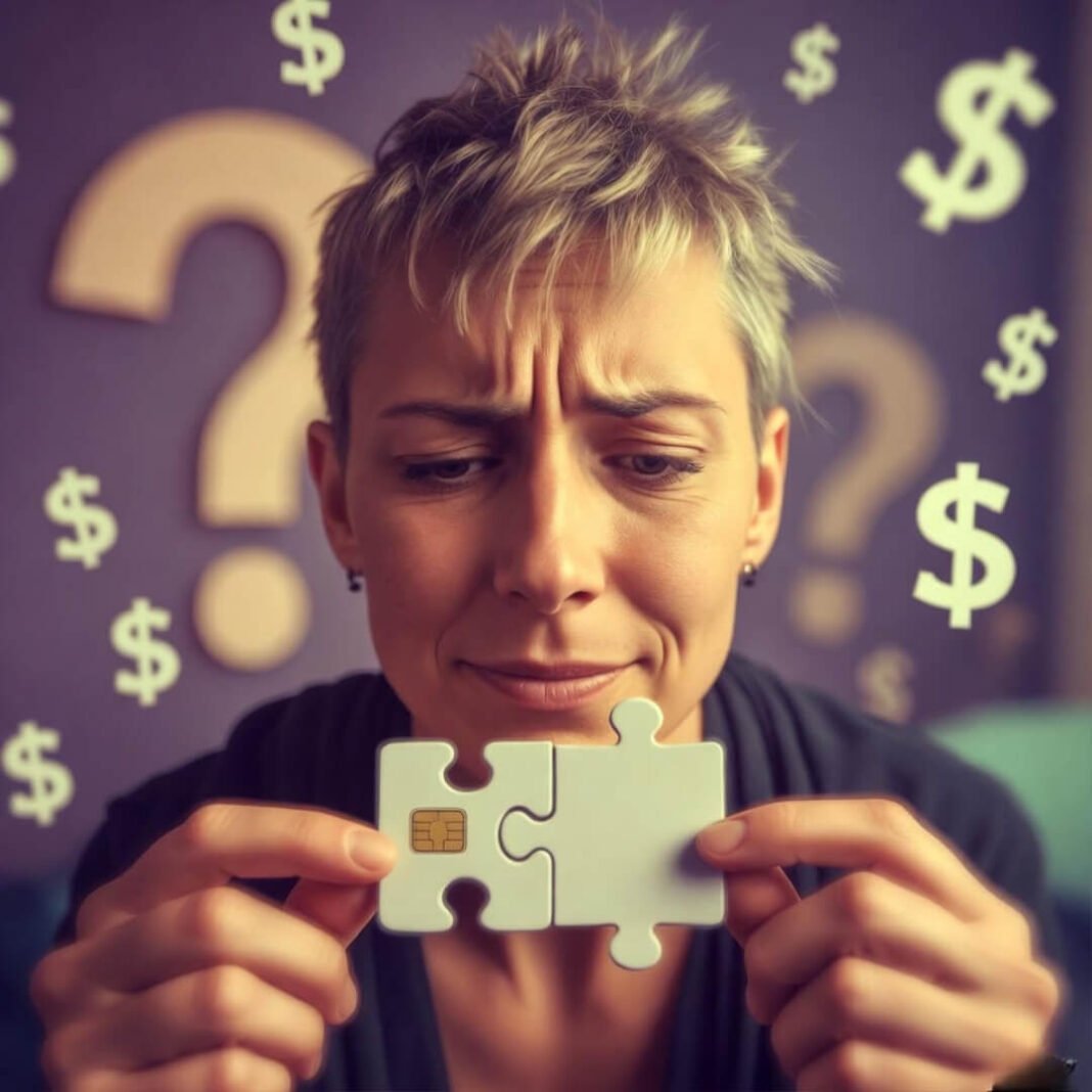 Confused person assembling puzzle-shaped credit card.