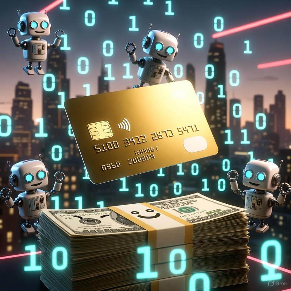 Golden credit card hovering over smiling cash with cheering robots.