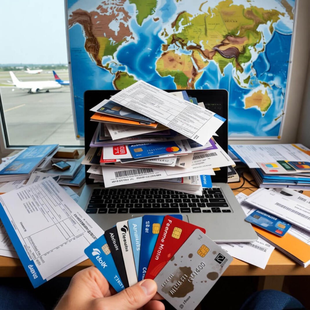 Chaotic desk with airline cards, boarding passes, world map.