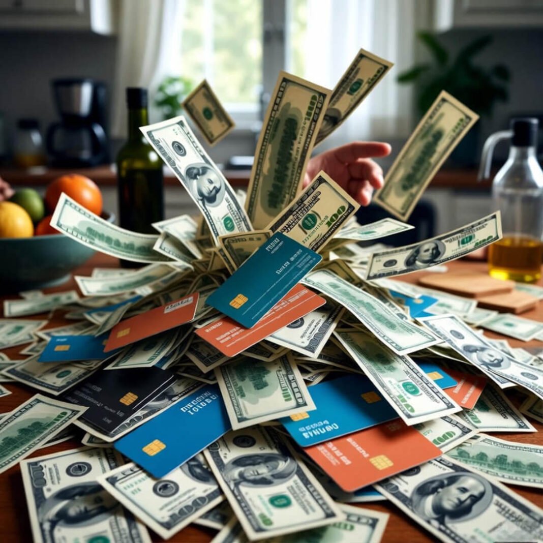 Cash exploding from credit cards on cluttered table.