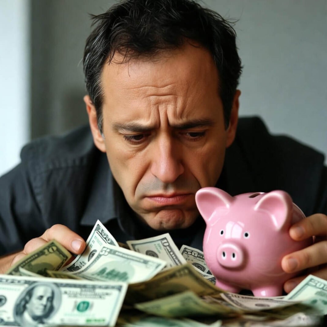 Stressed man buried in cash with piggy bank hope.
